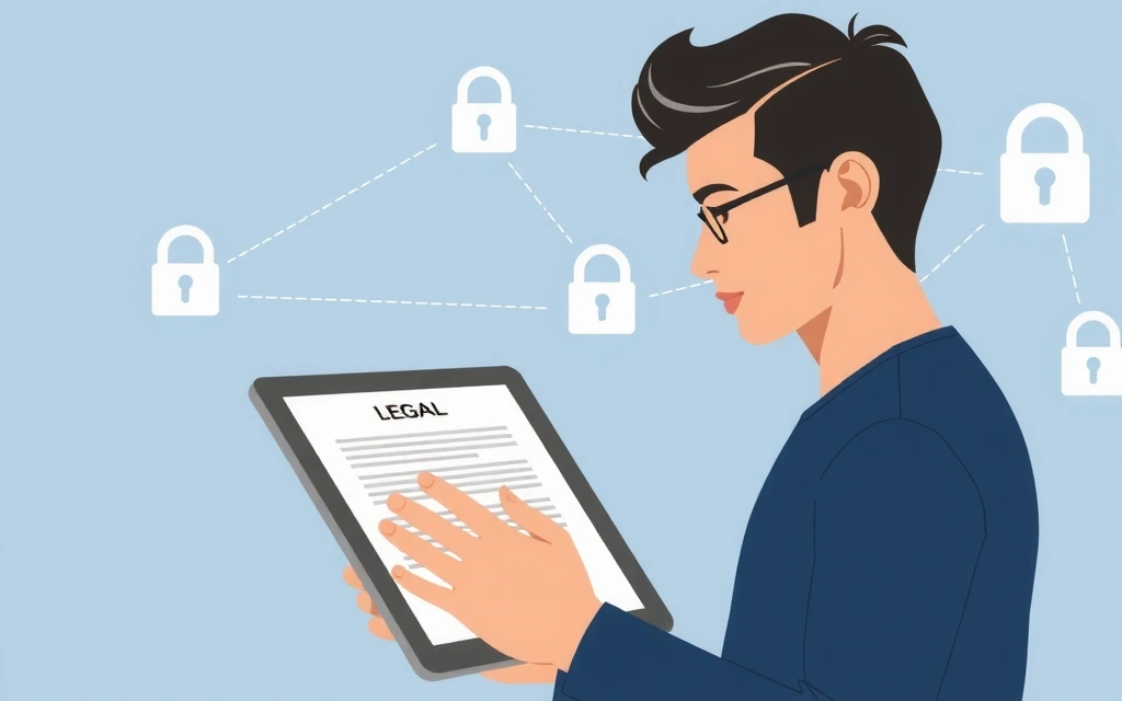 Ilustración de una persona leyendo un documento legal con un candado digital, simbolizando la protección de datos.