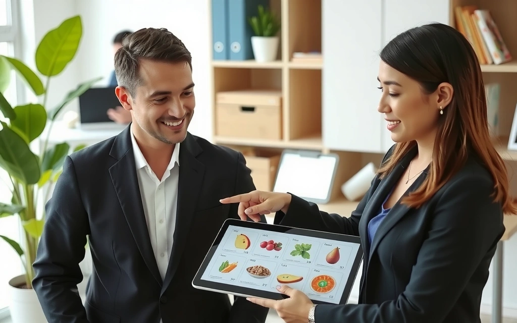 Nutricionista explicando un plan de alimentación a un cliente en una oficina moderna.
